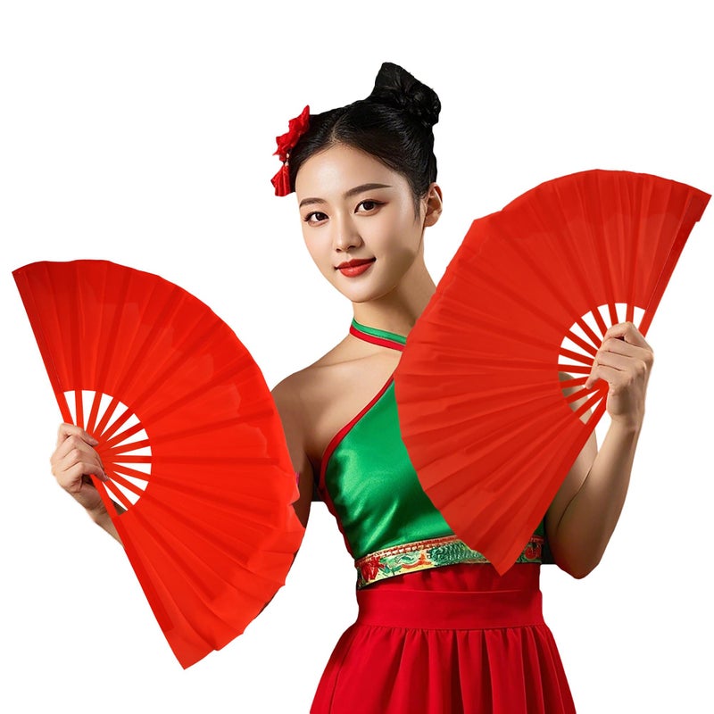 ZooBoo 1pair 12 Bones Plastic Dance Hand Held Fan Taichi Kungfu Fan Dancing Fans Martial Arts Sports Folding Hand Fan 4 Colors (Red) - Image 1
